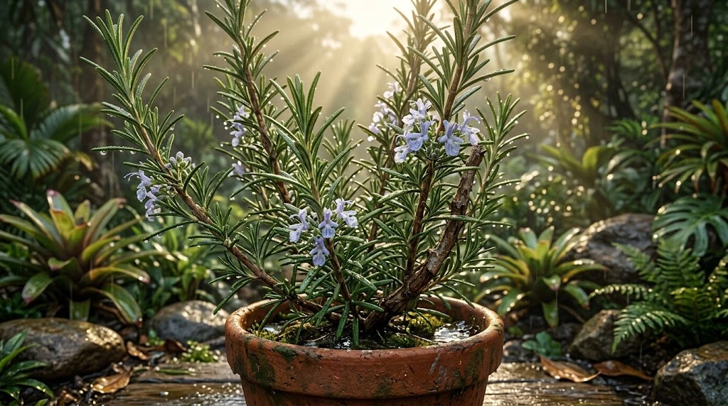 Rosemary sprigs in a pot.