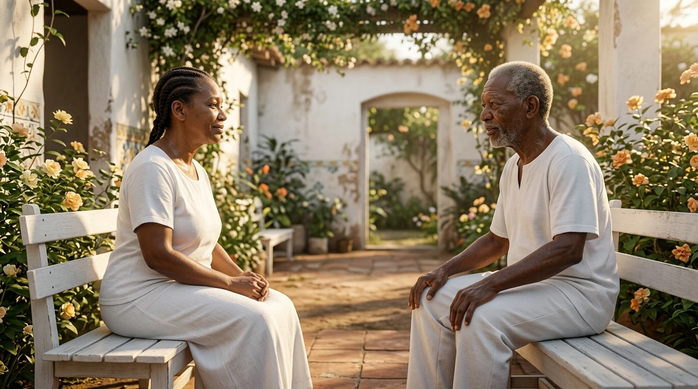 Two people talking in a courtyard.