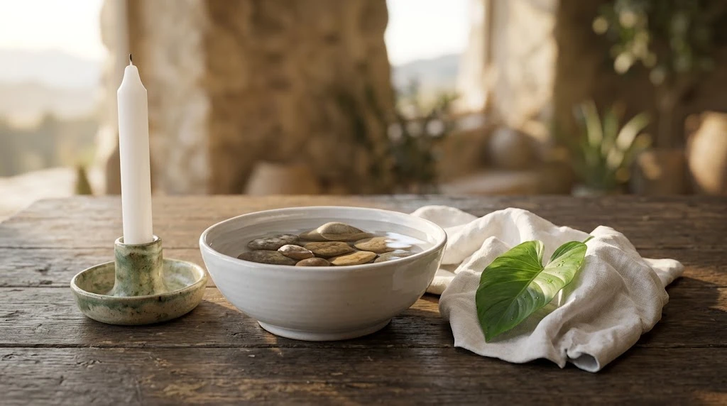 Candle, bowl of water, stones, leaf and cloth.