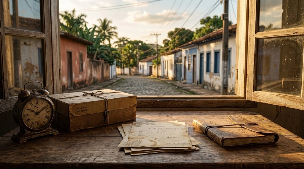 Mesa con papeles, caja y reloj frente a una ventana.